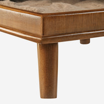 Wooden Cat Bed Side Table Close-Up Detail, Showing Wood Grain and Plush Cushion.