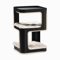Modern Black 3-Tier Cat Tower & Side Table With Glowing Accents and Plush Cat Beds for Pets.