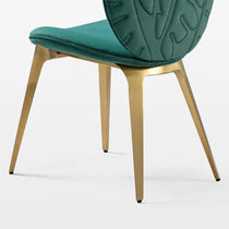 Katalea Green Velvet Dining Chair With Gold Legs, Embossed Leaf Detail.