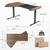 Eureka Ergonomic Blossom Dynamics dark wood grain L-shaped standing desk dimensions: 70" W x 55.6" D, height 29.5"-48", 220lbs max load.