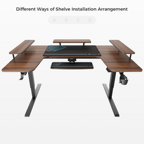 Eureka Ergonomic U-shaped standing desk with dark wood grain finish, black legs, monitor riser, keyboard tray, and mousepad. Product appearance and modularity view.