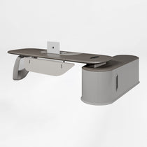 Eureka Ergonomic Zen Orion executive desk with wood grain top, built-in laptop stand, wireless charging, and curved metal leg.