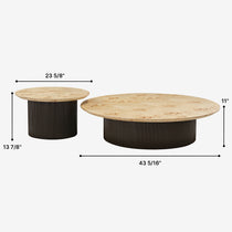 Birch Veneer Coffee Table Set of 2, Modern Design, Light Wood Top and Dark Ribbed Base. Dimensions in Image.