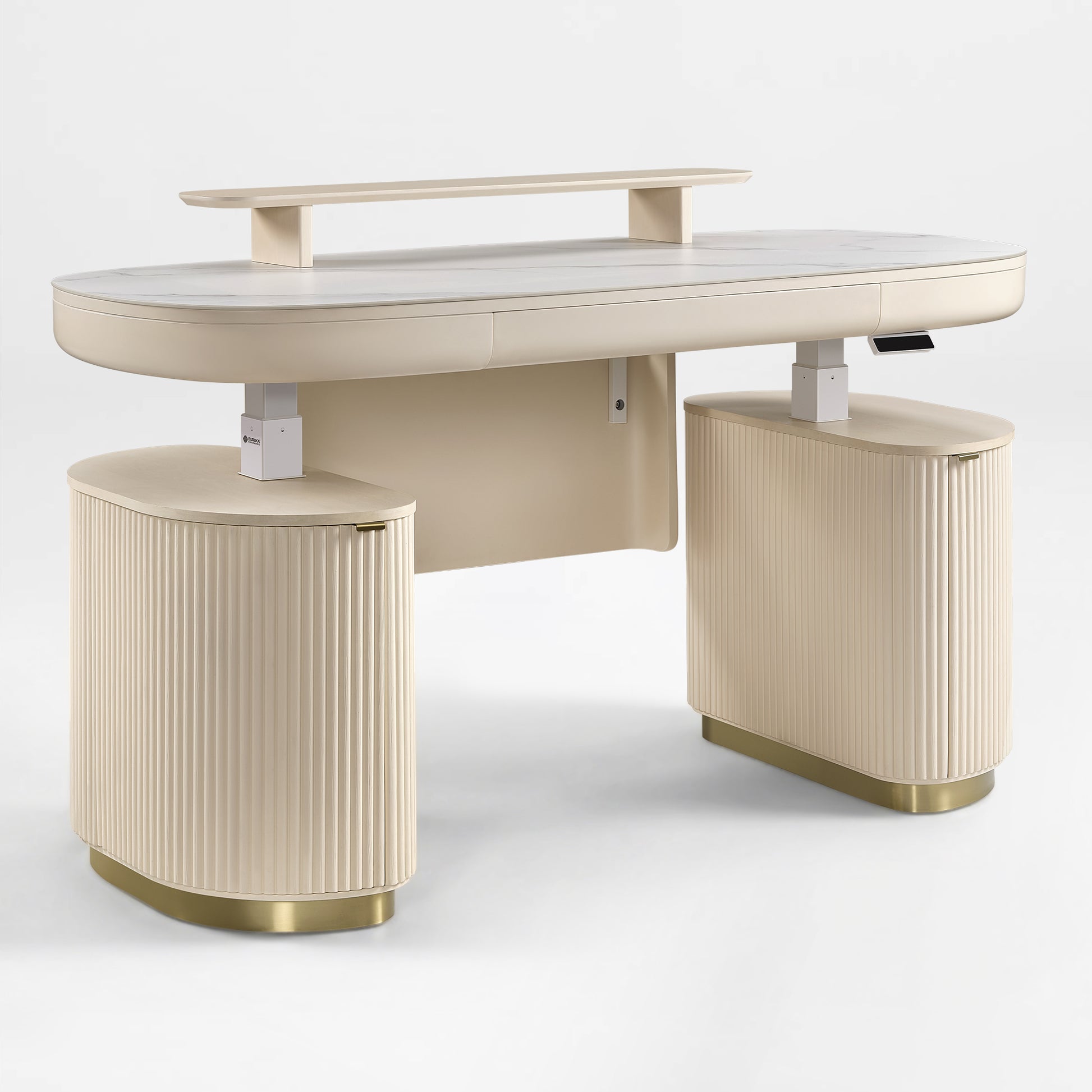 Eureka Ergonomic Opal Desk back view with Cream Birch modesty panel product showcase.