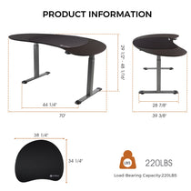 Eureka Ergonomic Cashew Shape Standing Desk Product Info: Dimensions, Adjustable Height Range, and 220 Lbs Capacity.