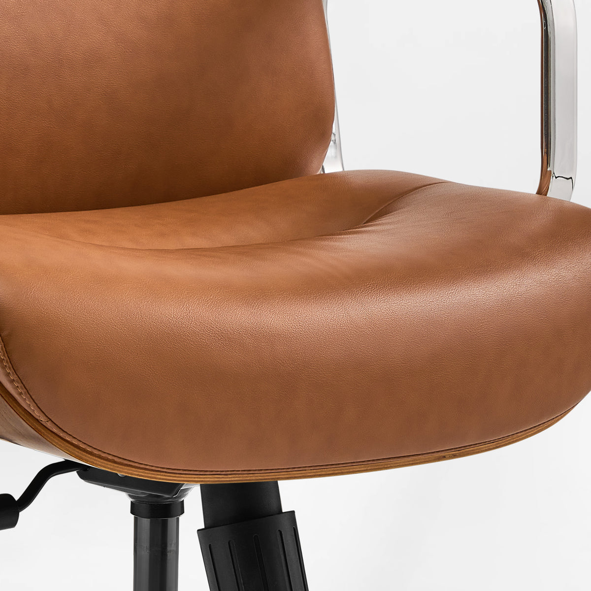 Eureka Ergonomic close-up of the brown Mathias Mason chair's seat cushion and walnut side detail