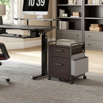 23 Rolling File Cabinet in Dark Wood With Fabric Storage Bag, Part of a Modern Office Setup.