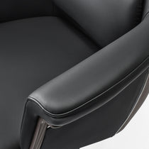 Eureka Ergonomic Close-up of black Royal Renee executive office chair armrest with microfiber leather and stitched details.