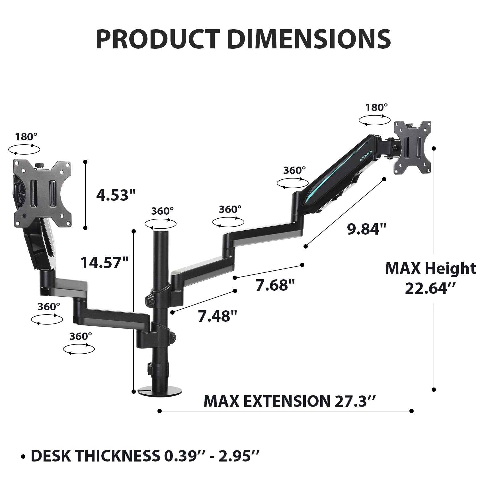 Dual Monitor Arm Fully Adjustable with 3-Section Extended Design for Office