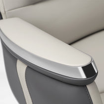 Royal II Executive Office Chair Armrest Detail, Showcasing Silver Trim, Gray Leather, and Ergonomic Design.