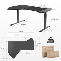 Eureka Ergonomic Blossom Dynamics L-shaped standing desk with wood veneer, gray legs, 70"x55.6" dimensions, height 29.5"-48".