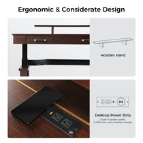 Ergonomic Ark Sws Pro Executive Desk With Power Strip, Dark Wood, and Wooden Stand, Showcasing Considerate Design.