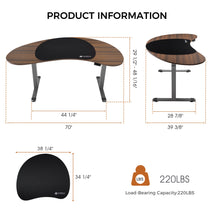 Eureka Ergonomic Cashew Shape Standing Desk: Dimensions and Load Capacity, Dark Woodgrain Finish, 70W, Adjustable Height.