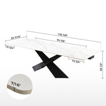 Evelyn Extendable Dining Table With Dimensions, White Sintered Stone Top, Black X Legs. Modern Dining Table Design.