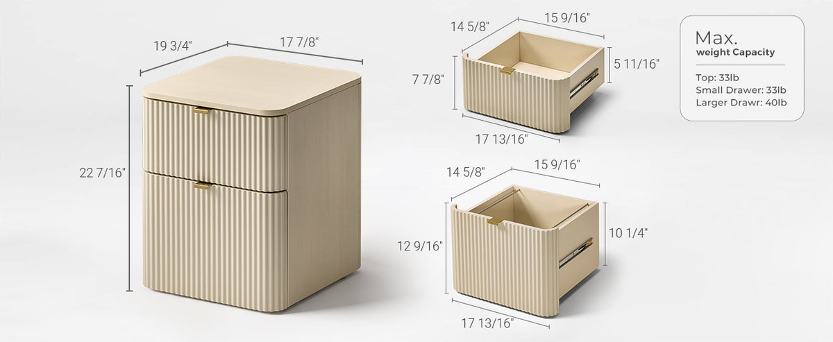 Eureka Ergonomic Opal file cabinet spec chart with overall size, both drawer dimensions and max weight limits