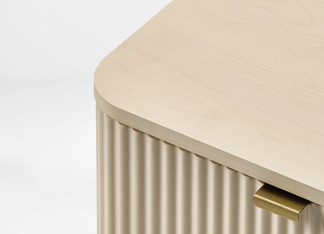 Eureka Ergonomic Opal file cabinet detail of the squared rounded top corner and fluted front in cream oak