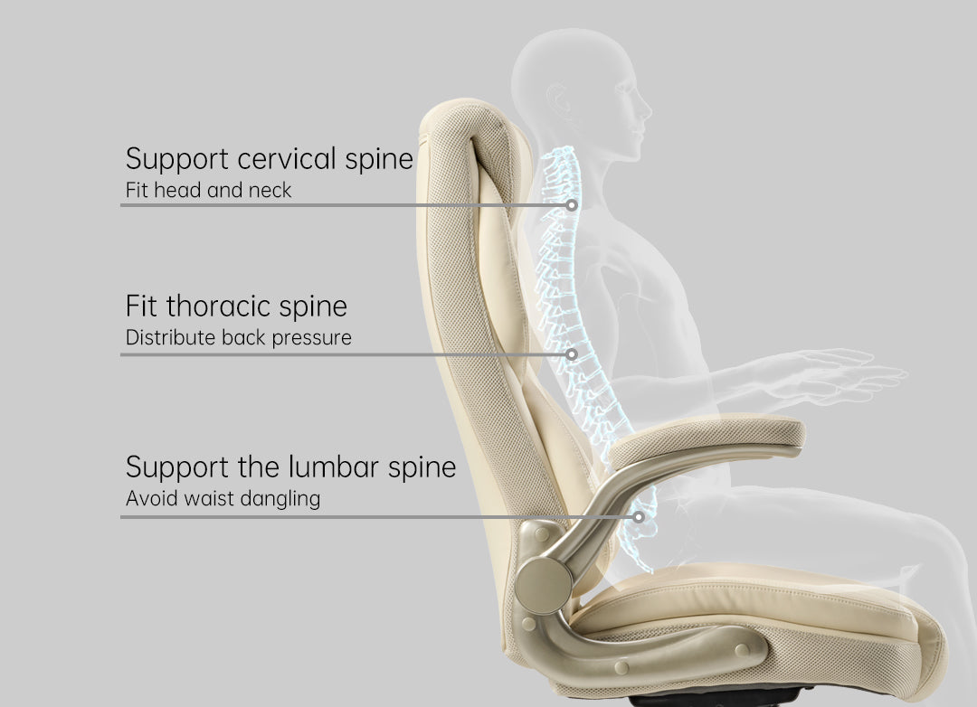 Galene, Home Office Chair, Off-White, Breathable cushioned PU Leather Fabric, Support Cervical Spine, Fit Thoracic Spine, Support the Lumbar Spine