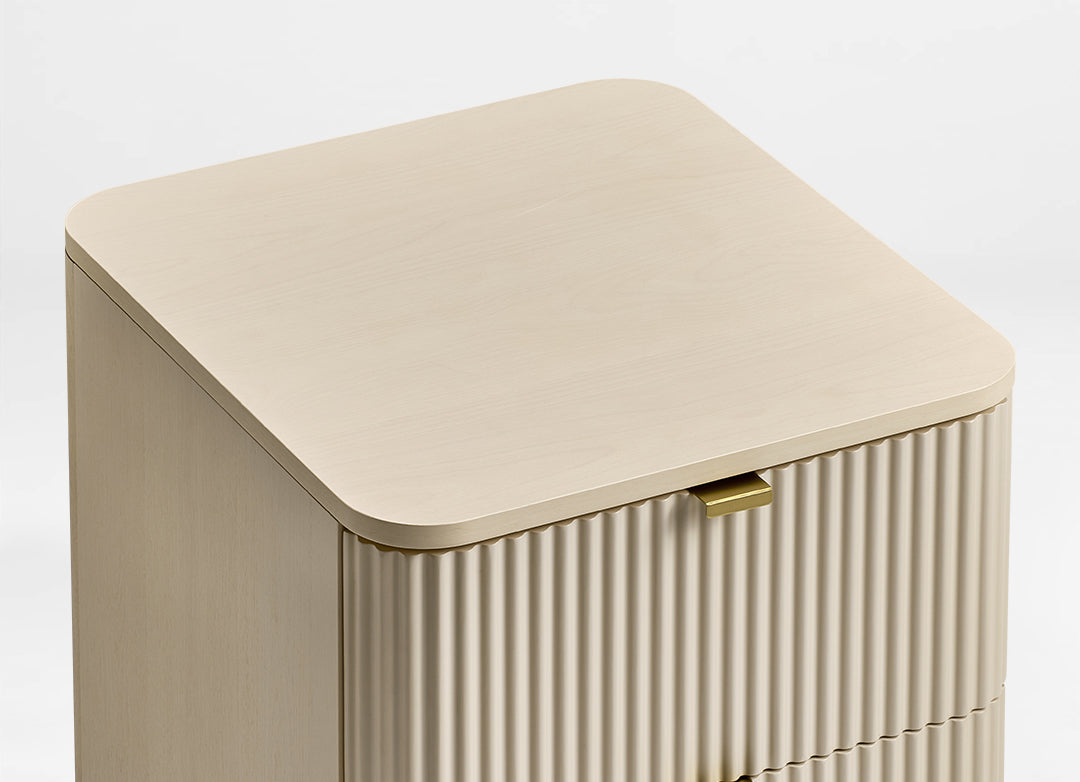 Eureka Ergonomic Opal file cabinet from above, showing the rounded corners of the top panel and drawer seams
