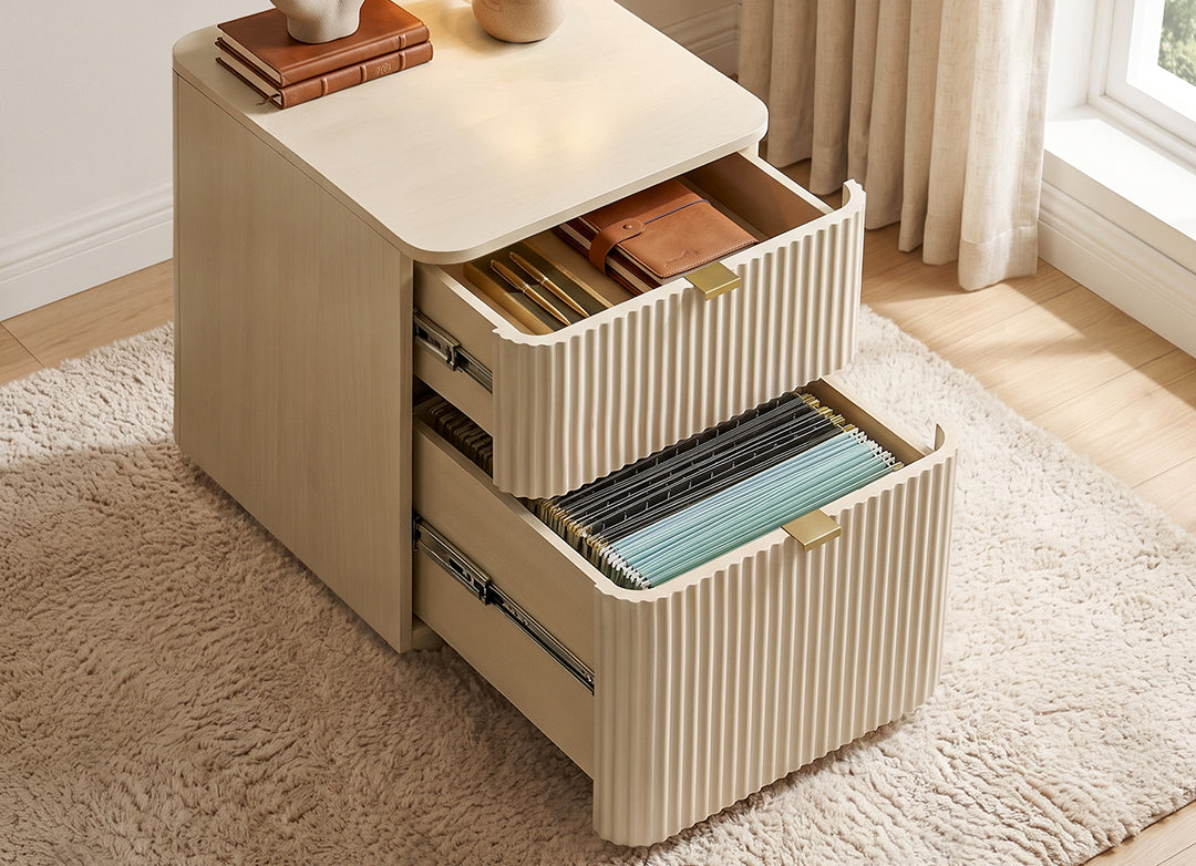 Eureka Ergonomic Opal fluted file cabinet with both drawers open on a shag rug, letter size files and pens inside