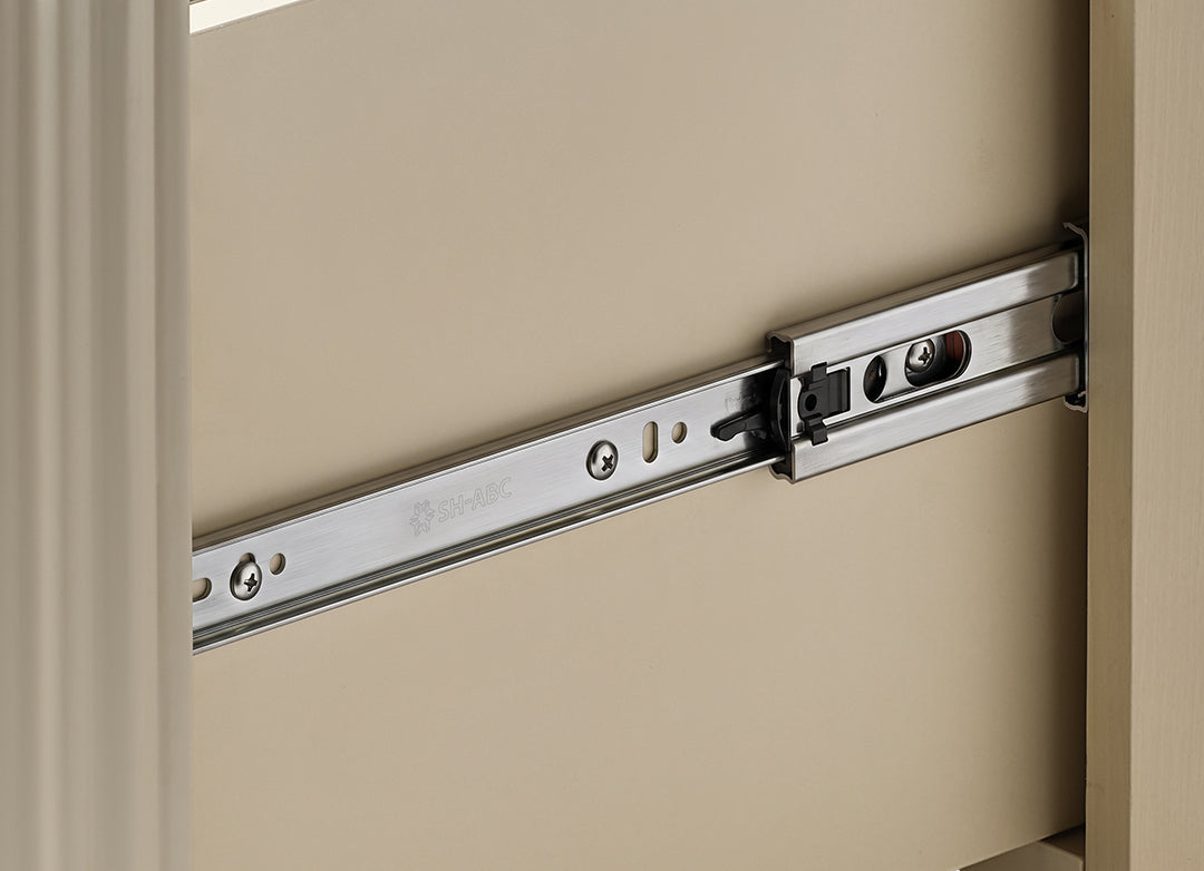 Eureka Ergonomic Opal file cabinet drawer slide detail showing the steel ball bearing full extension rail and screws