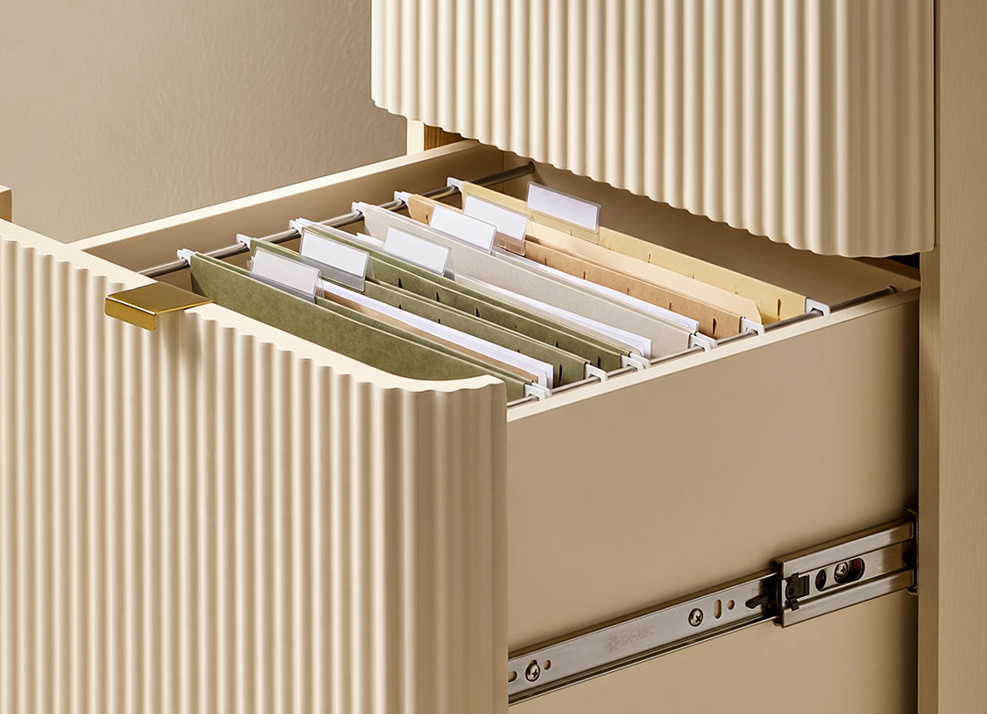 Eureka Ergonomic Opal file cabinet hanging file detail, letter size folders on the rails inside the lower drawer