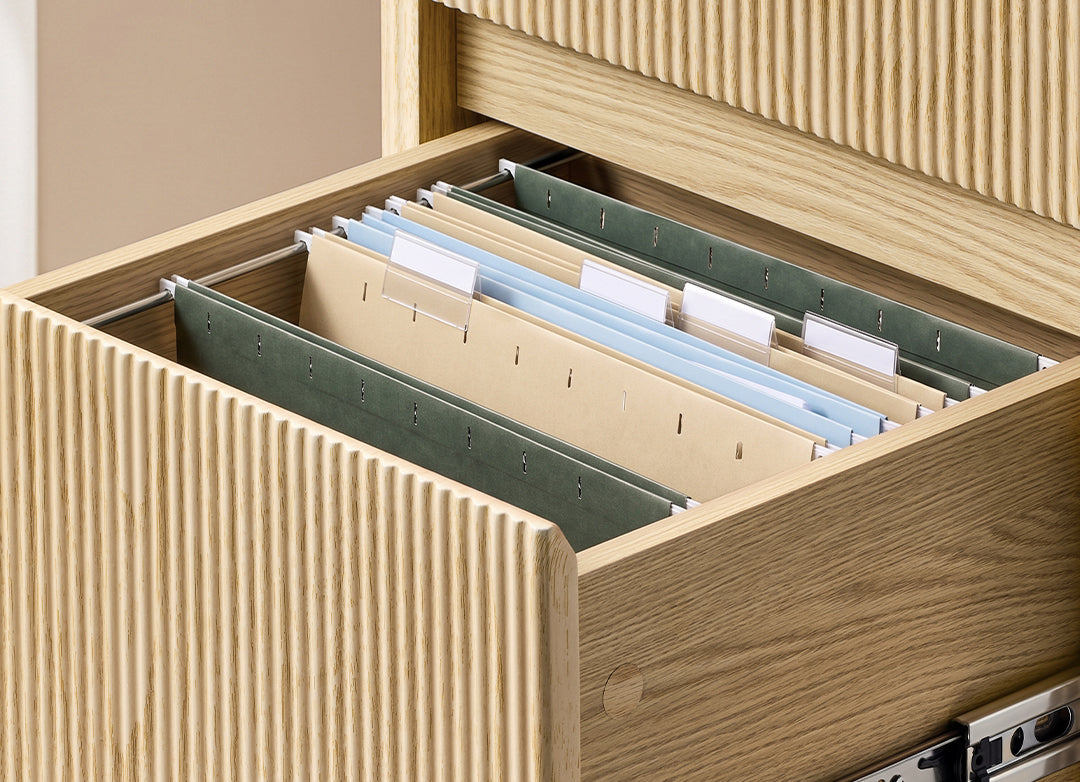 Eureka Ergonomic Aurelia file cabinet drawer with built-in file rail holding hanging folders