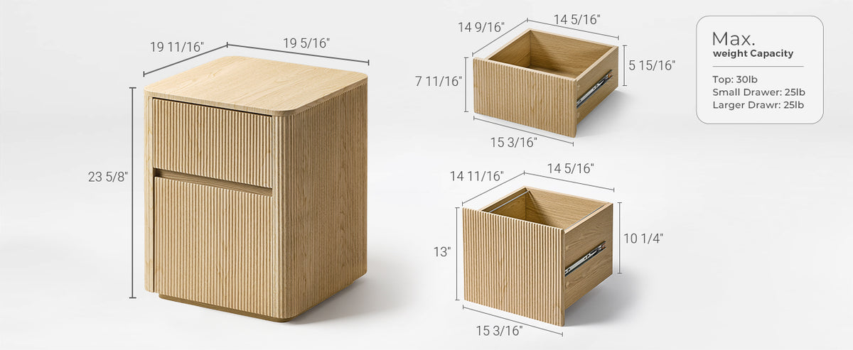 Eureka Ergonomic Aurelia 23 inch file cabinet dimension chart with drawer sizes and weight capacity