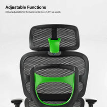 Axion Ergonomic Hybrid Chair Back Detail, Adjustable Headrest, Black Mesh, and Green Accents, Ergonomic Design.
