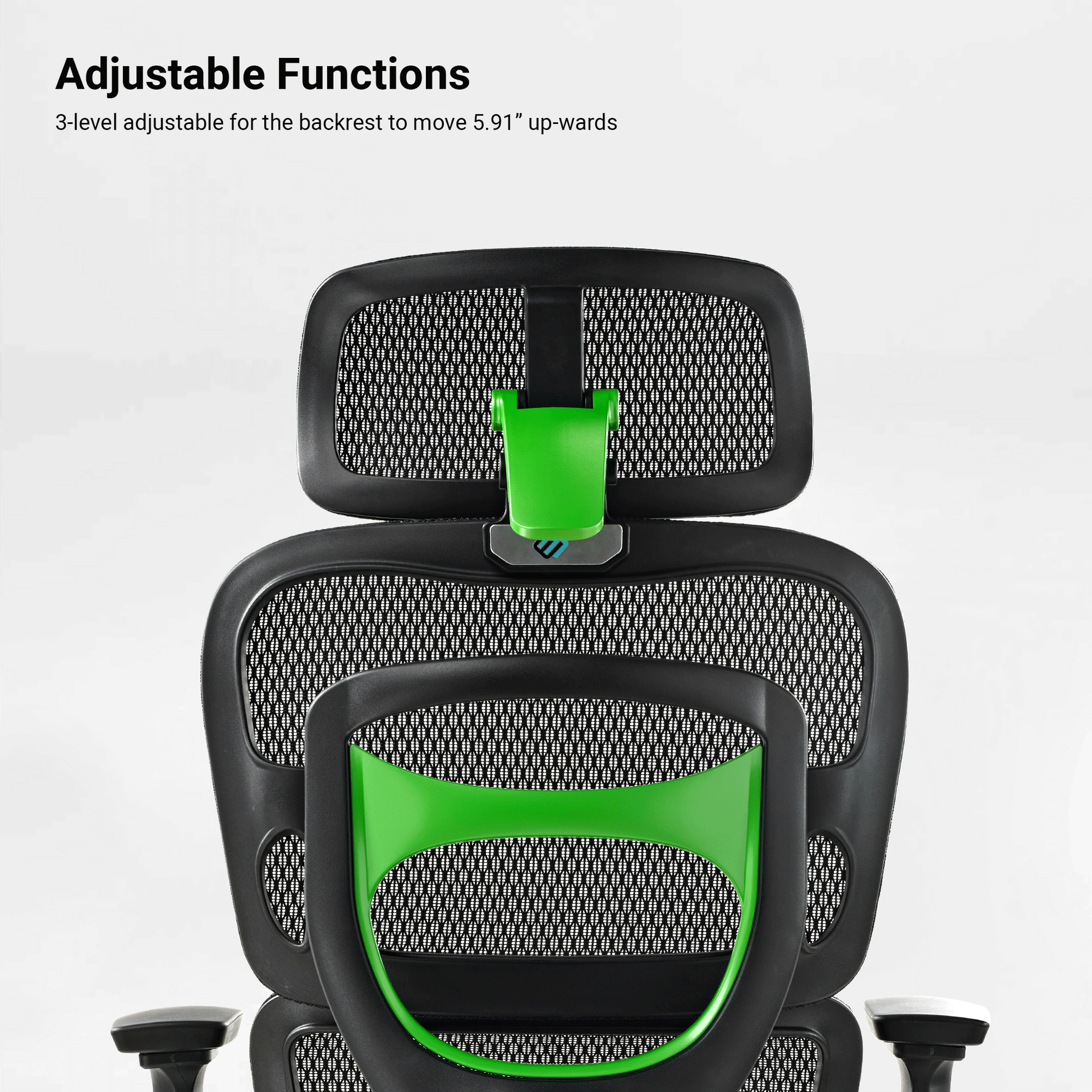 Axion Ergonomic Hybrid Chair Back Detail, Adjustable Headrest, Black Mesh, and Green Accents, Ergonomic Design.