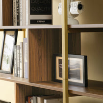 Napa Wood Bookcase Shelf Detail With Books, Decor, and a White Vintage Clock. Books Include Fashion Quality and Business.