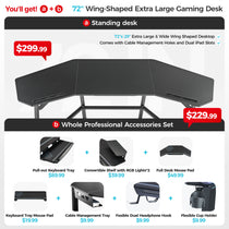 Black 72 Wing-Shaped Gaming Desk With Accessories, Features Extra-Large Desktop, Cable Management and Ipad Slots.