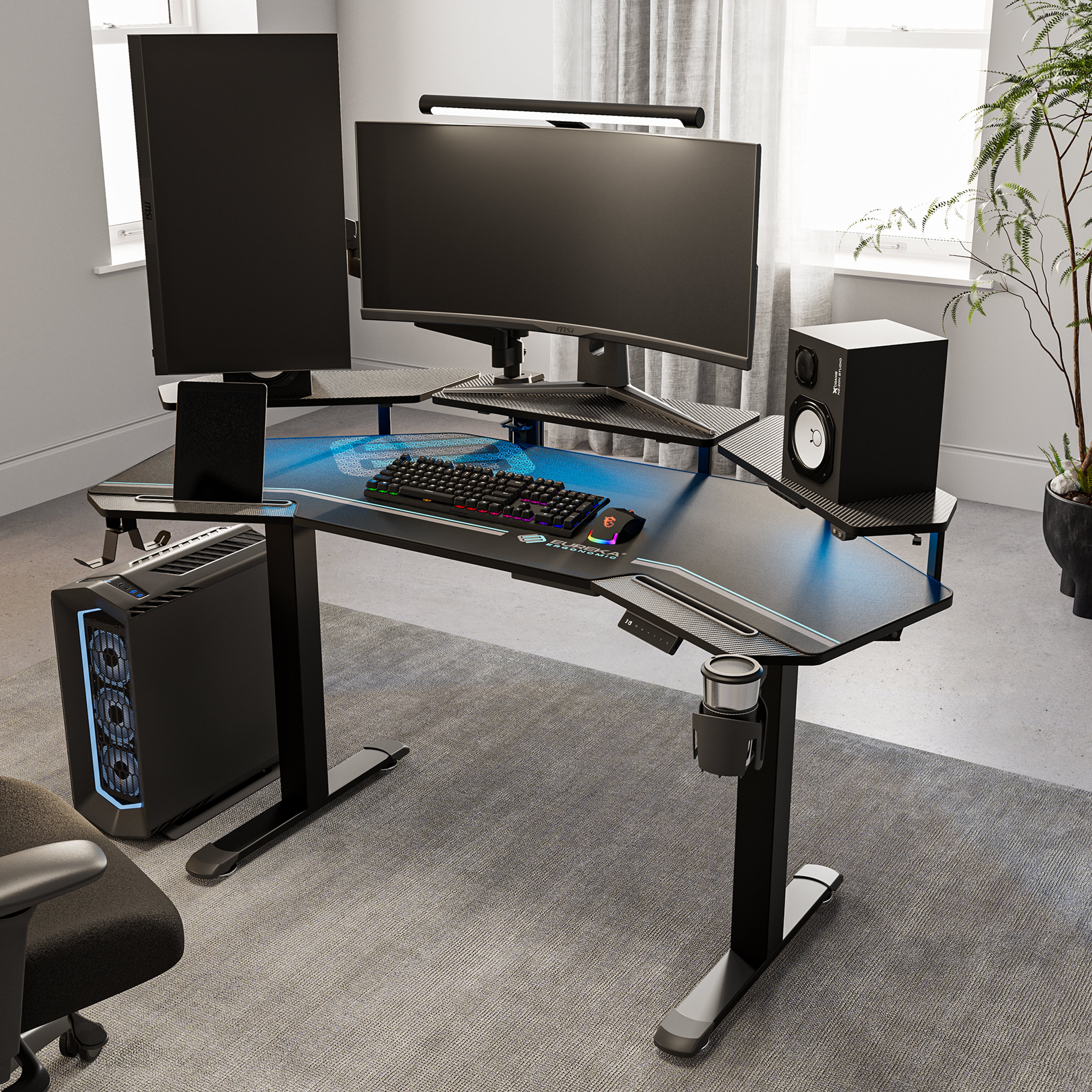 Eureka Ergonomic 63'' Wing Shaped Standing Desk with monitor shelves