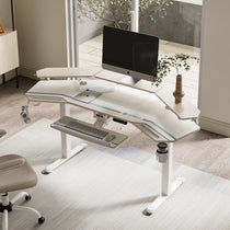 Eureka Ergonomic Aero Pro Wing-Shaped Standing Desk Setup, Showing Monitor, Speakers, Keyboard, and Accessories.