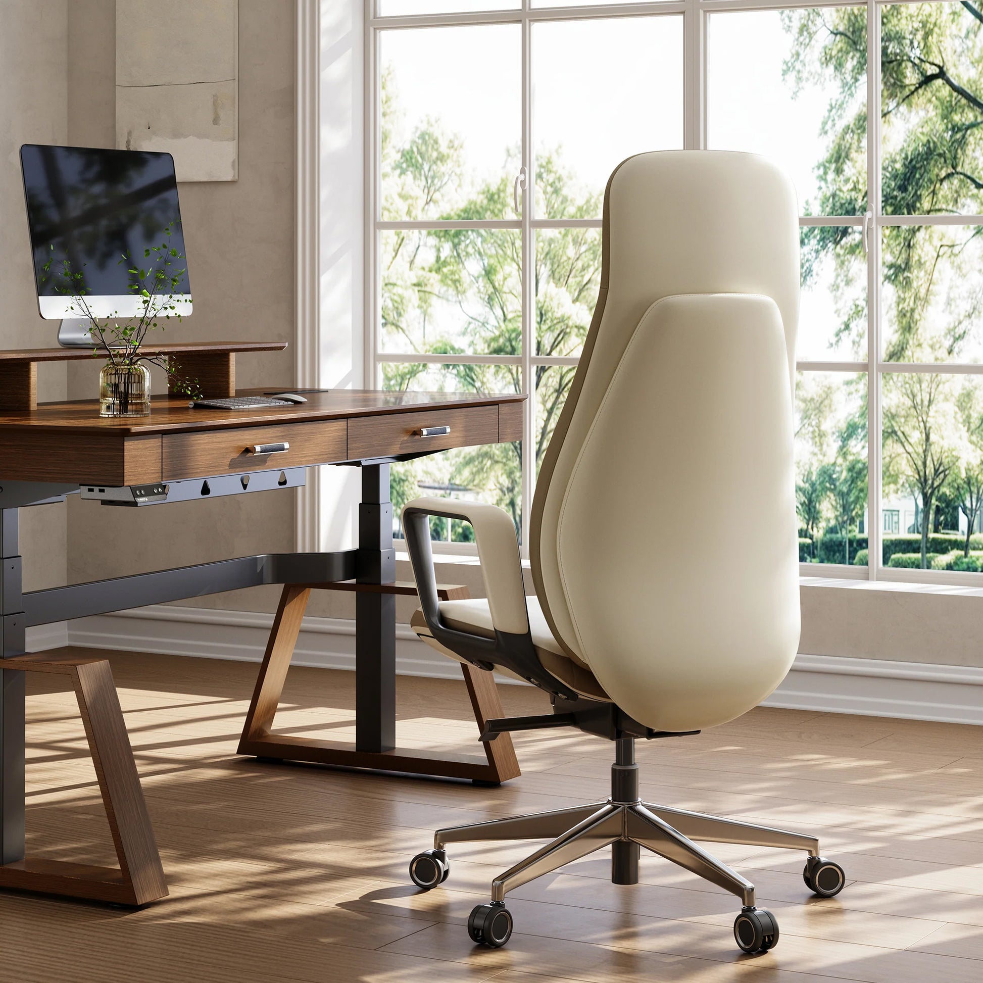 Eureka Ergonomic Alto cream silicone leather executive office chair with chrome base in modern office setting.