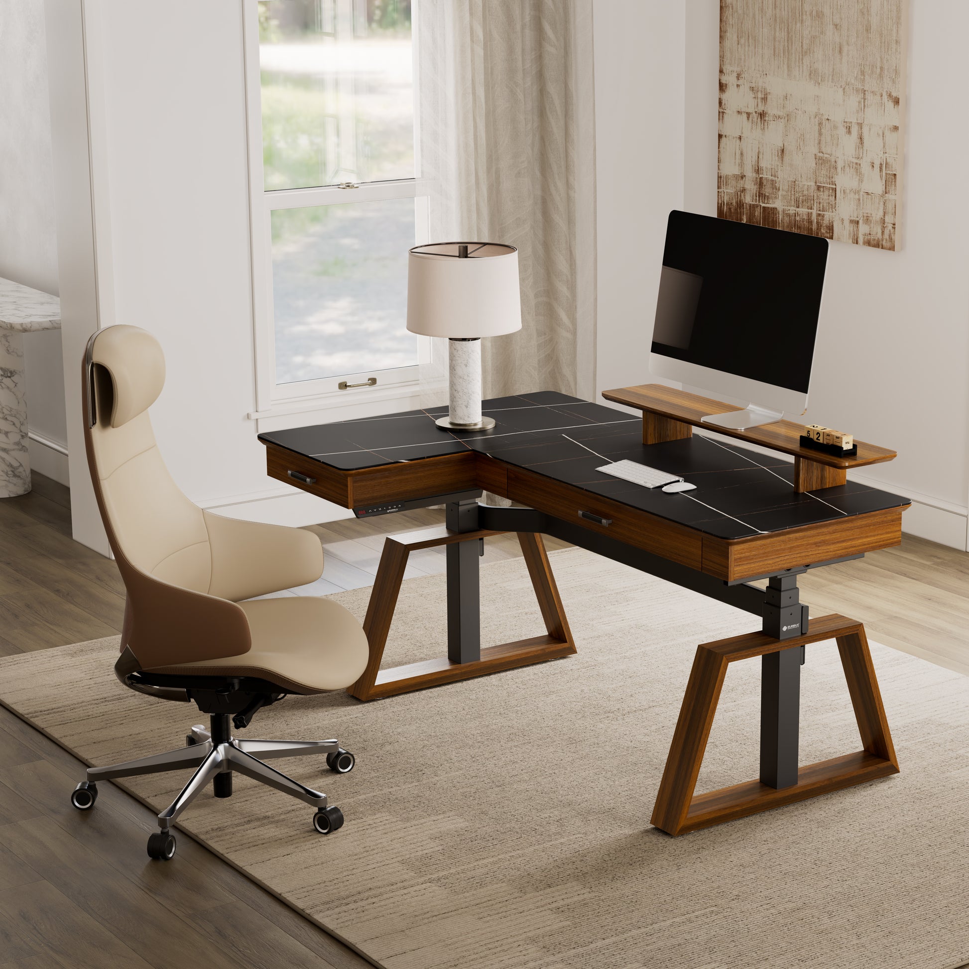 Eureka Ergonomic Executive Office Set with Ark Standing Desk and Serene Ella Premium Chair in Home Office.