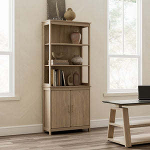 Eureka Ergonomic Ark El 71'' Oak Bookshelf With Storage Cabinet, Offering Elegant Display and Organization.