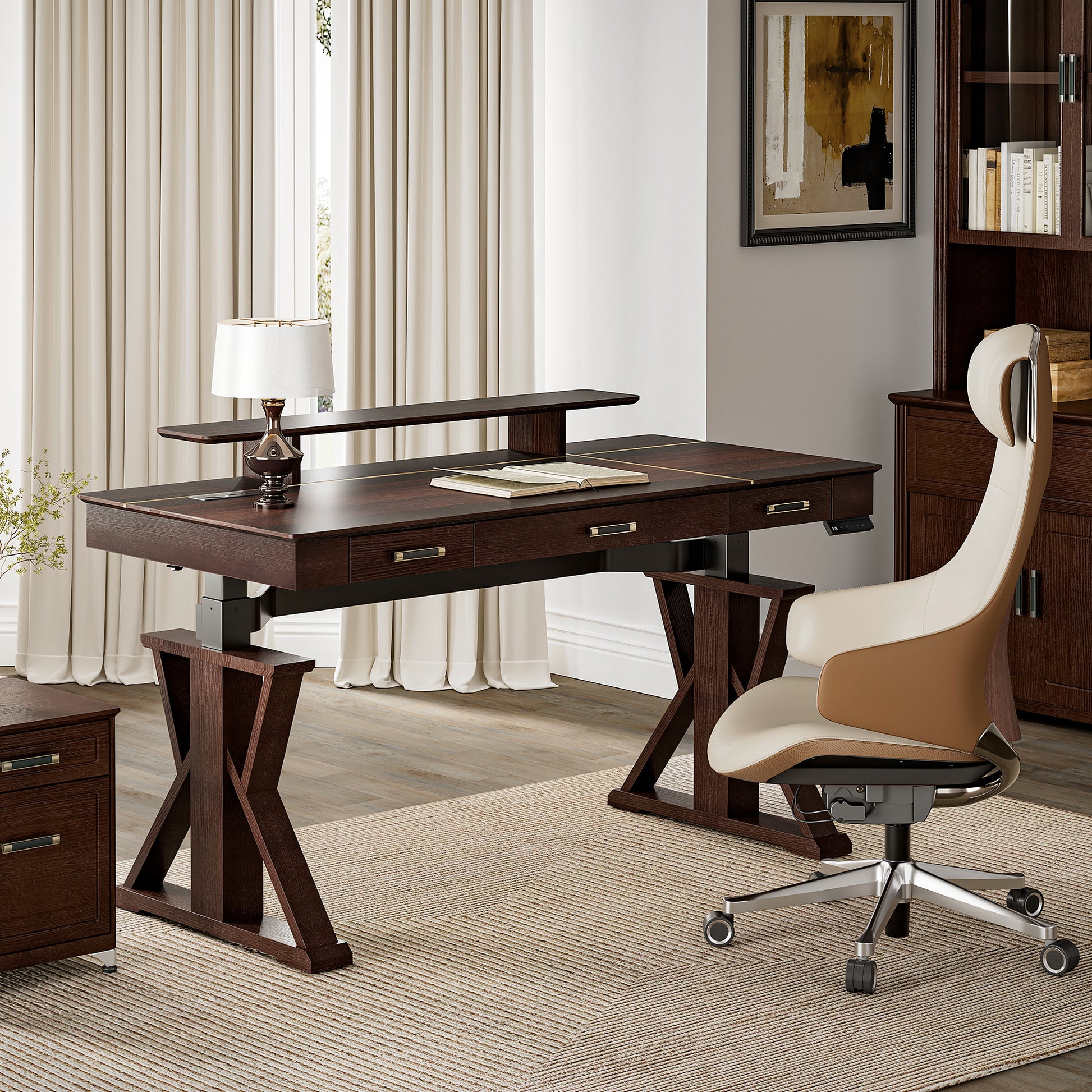 Eureka Ergonomic Executive Office Set with Ark SWS Pro Standing Desk and Serene Ella Executive Office Chair in home office.