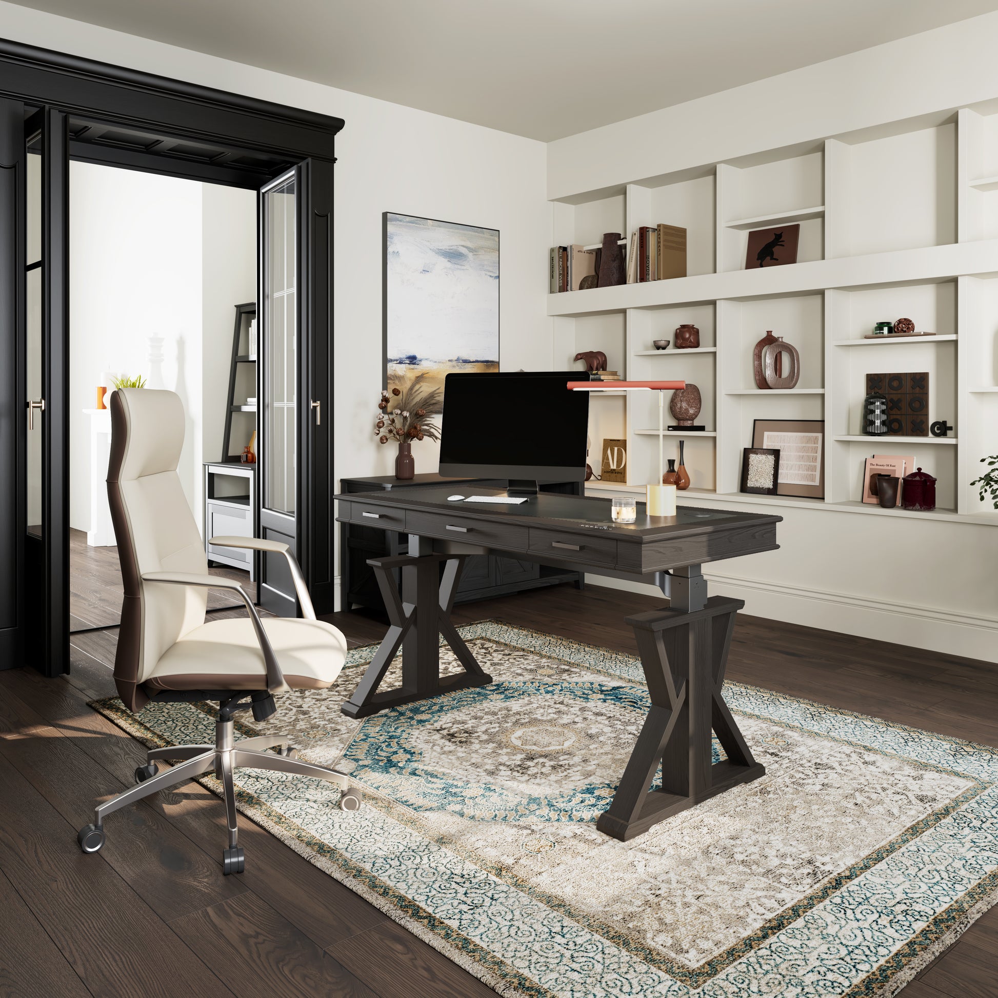 Eureka Ergonomic Executive Office Set with Ark X Standing Desk and Royal Slim White Executive Office Chair in home office.