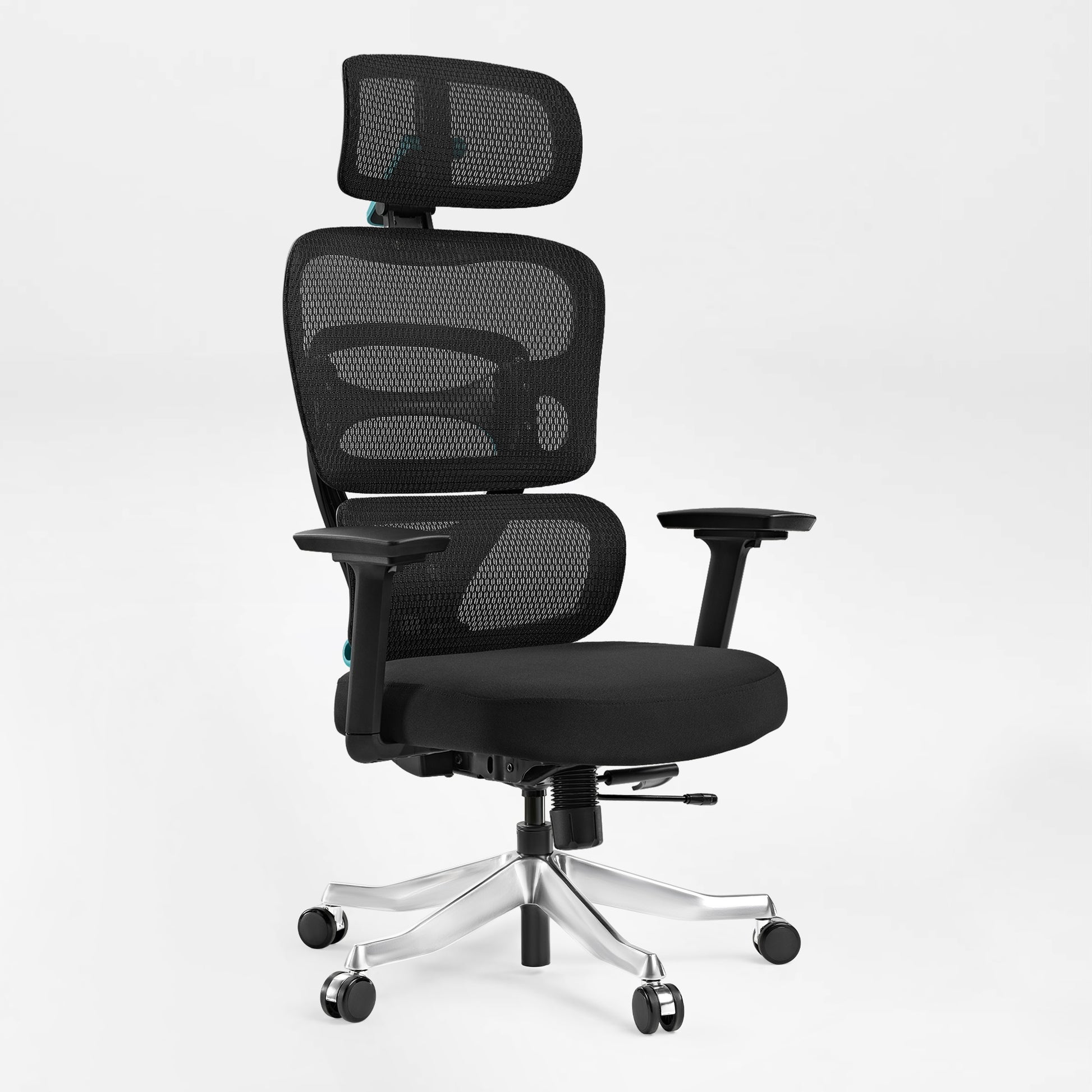 Axion Ergonomic Hybrid Chair, Black Mesh Back and Seat, Ergonomic Design, Adjustable Headrest.Blue Fabric