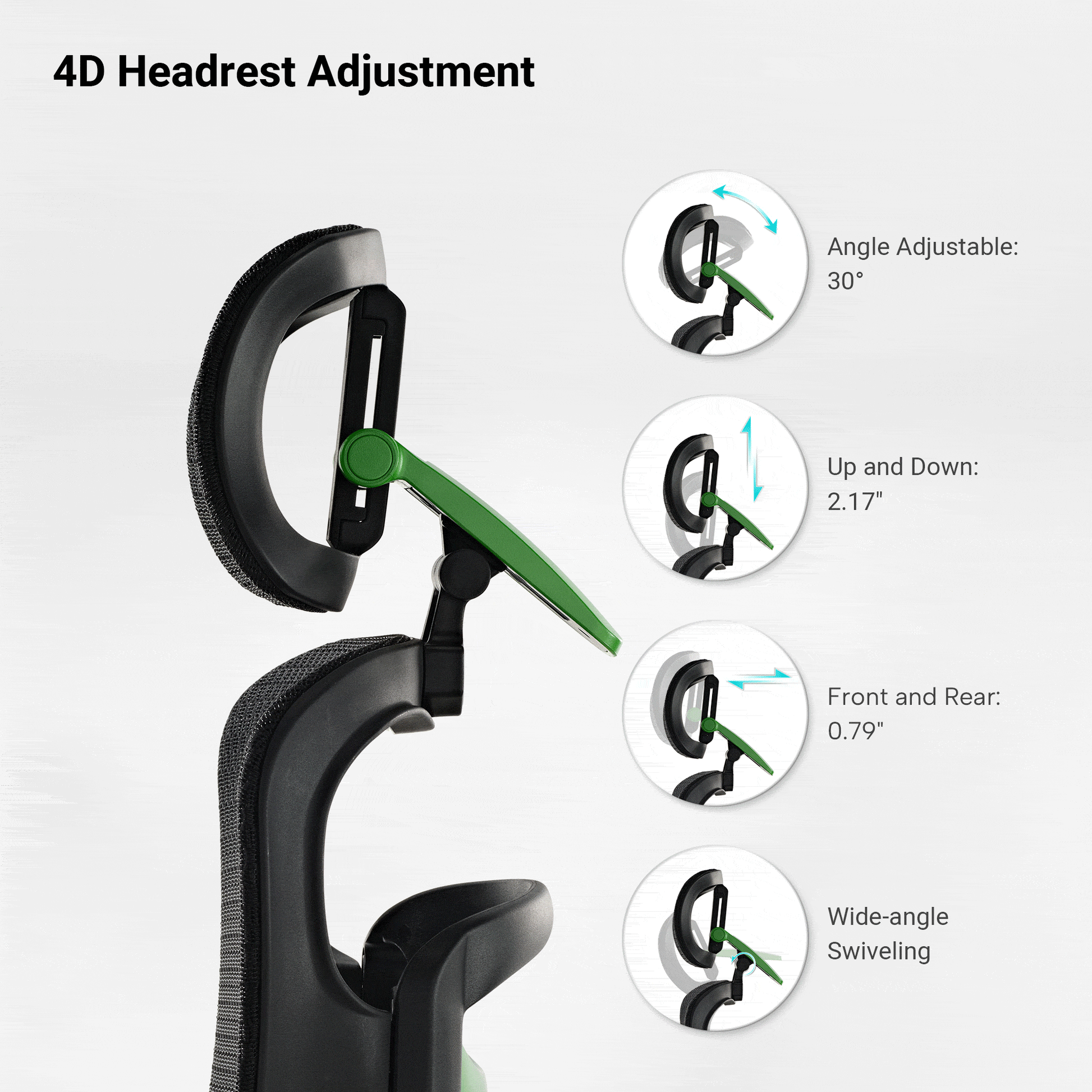 Axion Ergonomic Hybrid Chair With 4D Headrest Adjustment: Angle, Up/Down, Front/Rear, and Swivel for Ergonomic Comfort.
