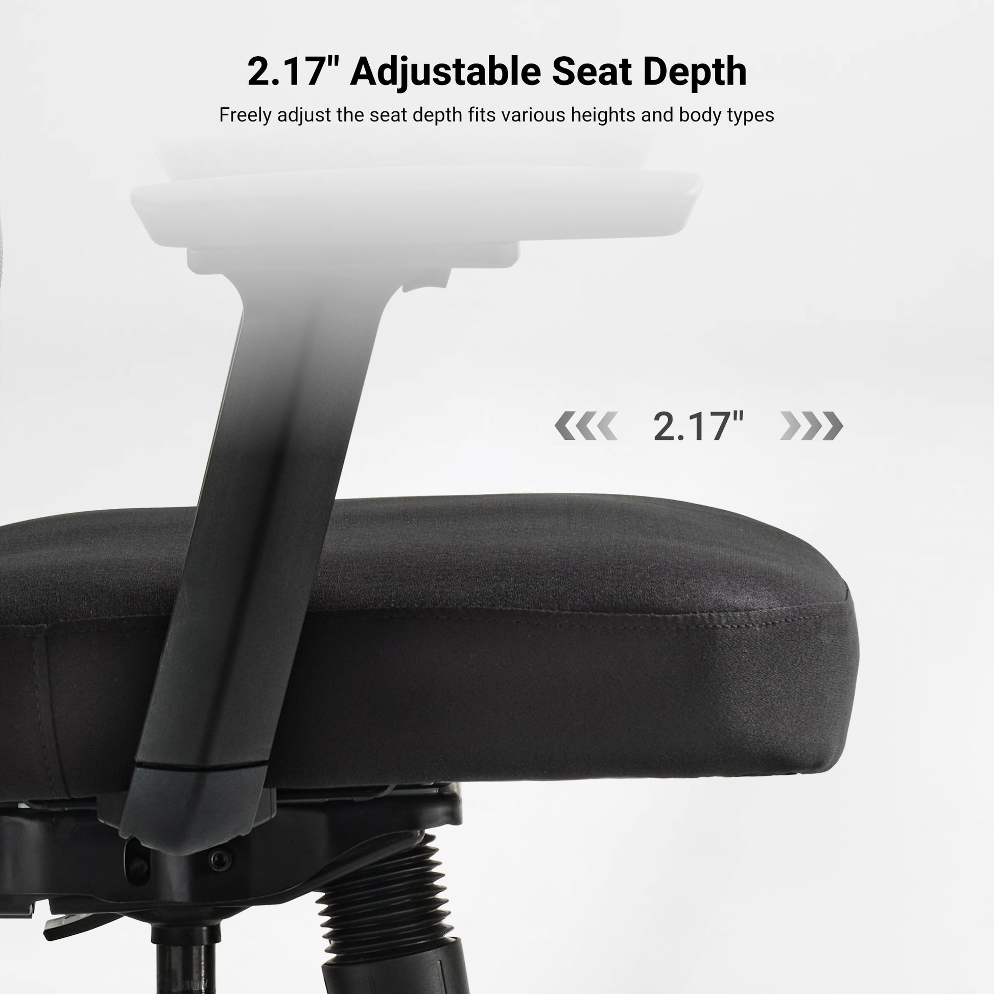 Axion Ergonomic Hybrid Chair With Adjustable Seat Depth, Black Seat and Armrests, Supporting Different Body Types.