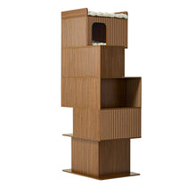 Eureka Ergonomic Pawlio 72" walnut bookshelf cat tree with stacked cubes, ribbed panels, and plush bedding.