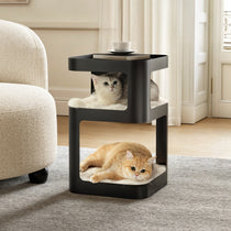 Black 3-Tier Cat Tower & Side Table With Cats. Cat Bed With Side Table Feature.