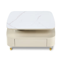 Creamy White Rotating Coffee Table With Marble Top and Drawers.