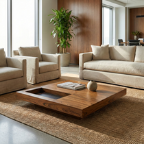 Modern Square Solid Wood Coffee Table With Sunken Desktop, Paired With Beige Sofa in a Office Setting, Minimalist Design.
