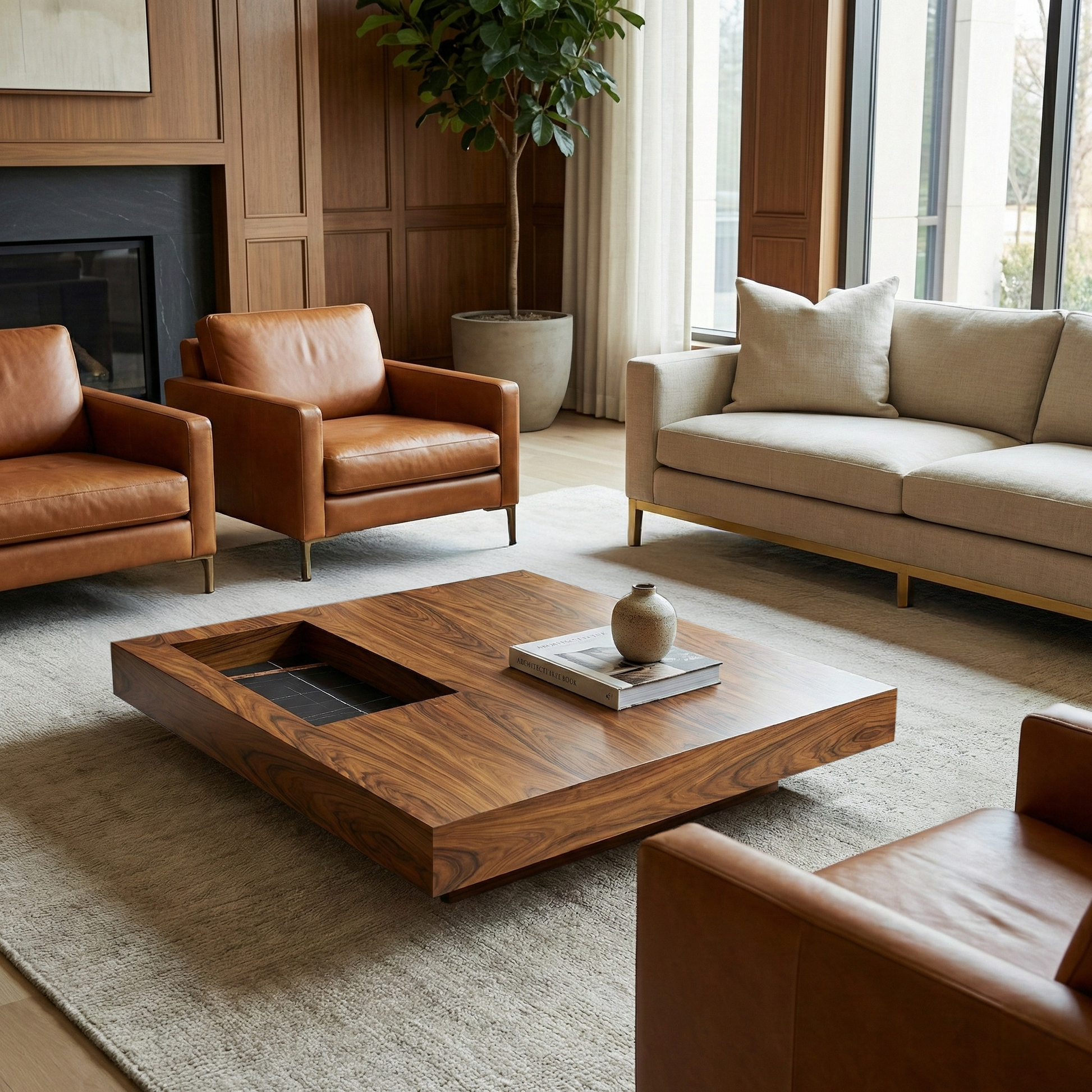 Modern Square Solid Wood Coffee Table With Sunken Desktop, Paired With Beige Sofa in a Living Room Setting, Minimalist Design.