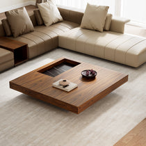 Modern Square Solid Wood Coffee Table With Sunken Desktop, Paired With Beige Sofa in a Living Room Setting, Minimalist Design.