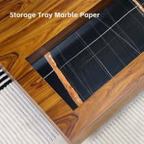 Solid Wood Coffee Table With Marble Top, Sunken Desktop, Modern Living Room Furniture, Storage Tray, Wood Grain Detail.