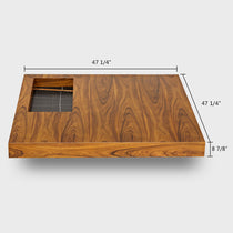 47 Square Solid-Wood Coffee Table With Sunken Desktop, Showcasing Wood Grain and Marble Inset Detail.