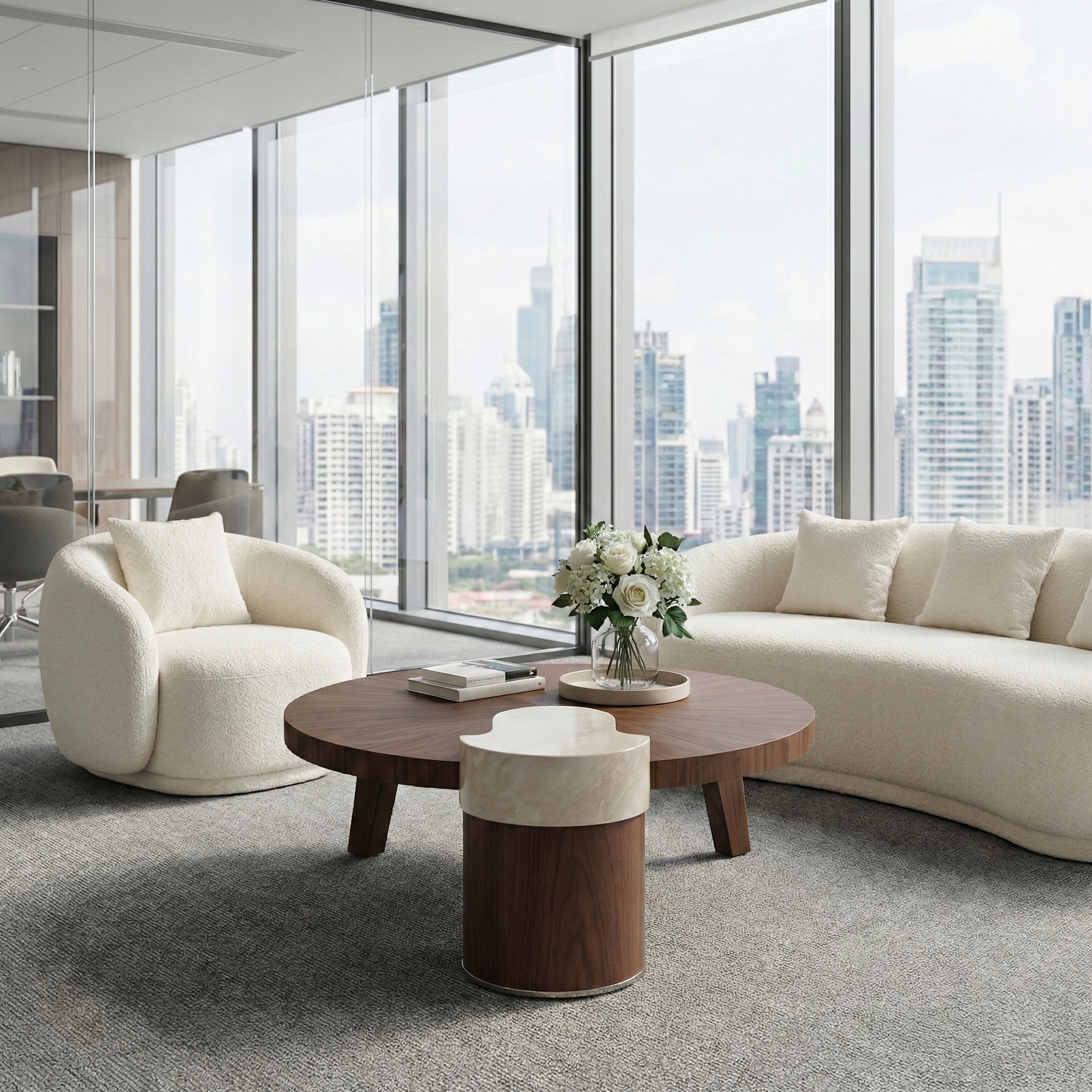 41 Irregular Round Walnut Coffee Table With Marble Accent in a office, Solid Wood Coffee Table.